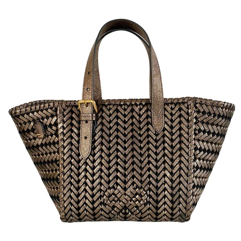 Anya Hindmarch Leather Woven The Neeson Square Tote Small Smog Crinkled Metallic